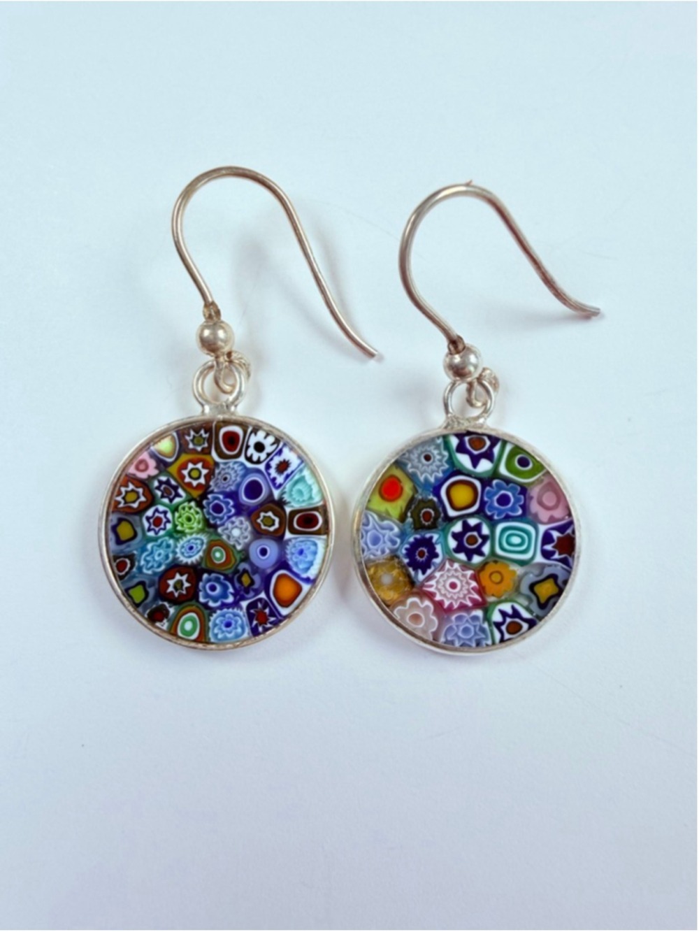 Venetian Murano Glass Millefiori 925 Sterling Silver Dangle Disc Earrings Italy